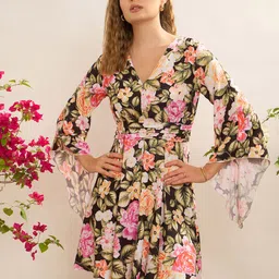CORSICA Floral Print Flutter Sleeves Pleated A-Line Mini Dress image 2