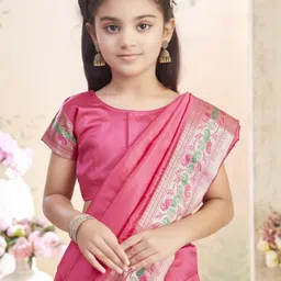 BAESD Girls Zari Pure Silk Block Print Saree image 3