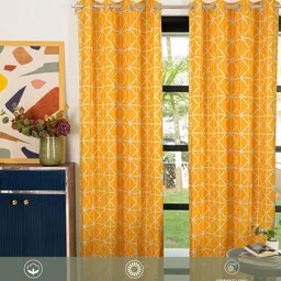 Cortina Mustard & White 2 Pieces Geometric Printed Cotton Window Curtains image 4