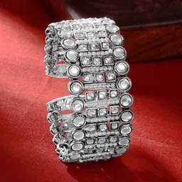 TEEJH Women Silver-Plated Artificial Stones Studded Cuff Bracelet-picture-12