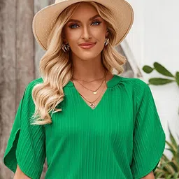 StyleCast Green Striped V-Neck Casual Tops-picture-28