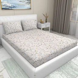 Aura Grey Melange & Yellow Floral 220 TC King Bedsheet with 2 Pillow Covers-image-78
