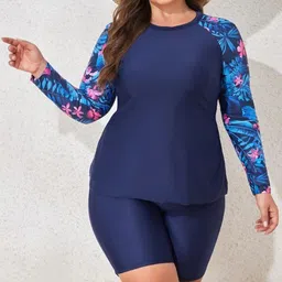 Plus Curvves Women Plus Size Printed Round Neck Long Sleeves Top & Boxer Short Swimwear-image-32