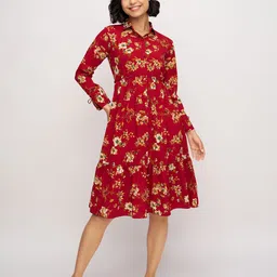 AASK Women's Red Printed Delta Crush Knee Length Shirt Dress image 3