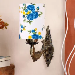 Devansh White & Blue Printed Antique Wall Lamp With Cotton Conical Shade image 3