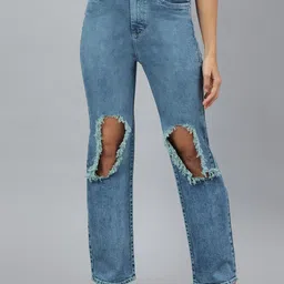 Code 61 Women Blue Wide Leg High-Rise Highly Distressed Heavy Fade Bleached Stretchable Jeans-picture-16