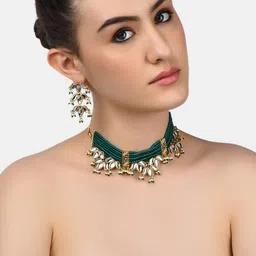 Zaveri Pearls Gold-Plated Green & White Kundan-Studded Beaded Jewellery Set image 1