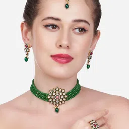 Zaveri Pearls Gold-Plated Green & White Stone-Studded & Pearl Beaded Jewellery Set-picture-33