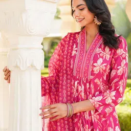 AHIKA Floral Printed V-Neck A-Line Kurta With Palazzos & Dupatta image 5