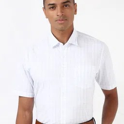 Peter England Men Spread Collar Grid Tattersall Checked Polycotton Formal Shirt-picture-31