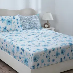 MASPAR Eclectic Garden Blue Printed 300TC Pure Cotton Double King Bedsheet & Pillow Cover image 1