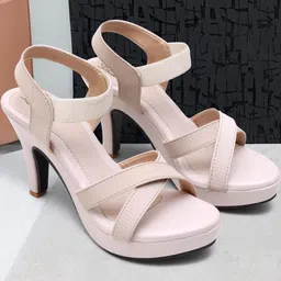 The arwah Women Cream Cross Strap Stiletto Solid Heels-picture-32
