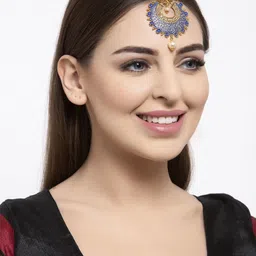 ANIKAS CREATION Gold-Plated & Blue Enamelled Hand-Painted Maang Tika image 5