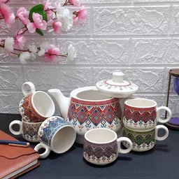 llaxmi creation Pack of 1 Ceramic KASHMERI ART KETTLE WITH TEA CUPS image 5