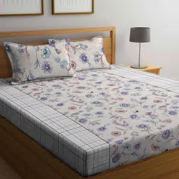 chui mui Cream Floral 300 TC Cotton Queen Sized Fitted Bed Sheets with 2 Pillow Covers image 1