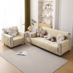 HOKIPO Beige Quilted Velvet 3 Seater Sofa Cover With Arms image 3