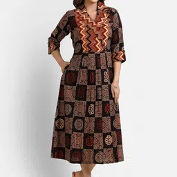 Crazy Needle Ethnic Motifs Printed Lapel Collar Cotton Fit & Flare Midi Dress-picture-15