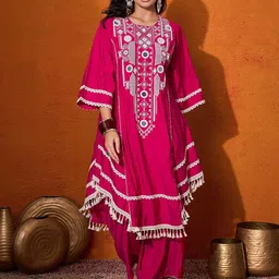 Sangria Floral Embroidered Regular Mirror Work A-Line Kurta with Palazzo image 1