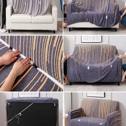 HOKIPO Blue & Brown Printed 2 Seater Sofa Cover With Arms image 5