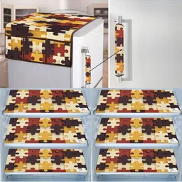 E-Retailer 8Pc Yellow & Brown Printed Waterproof 3-Layered Refrigerator Covers With Pocket-picture-32