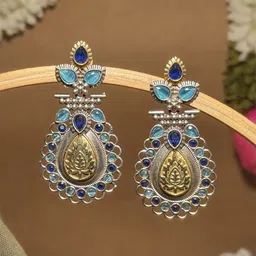 NAMAN ARTS Silver-Plated Artificial Stones Studded Teardrop Shaped Oxidised Drop Earrings-picture-20