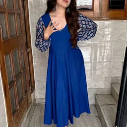 Darzigiri Colourblocked Puff Sleeve A-Line Midi Cotton Dress image 3