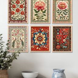 WALLLANE Traditional Brown & Red 6 Pieces Floral And Botanical Wooden Wall Art-picture-35