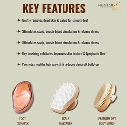 OROSSENTIALS Set Of 3 Dry Body Brush, Foot Scraper & Scalp Massager Set image 2
