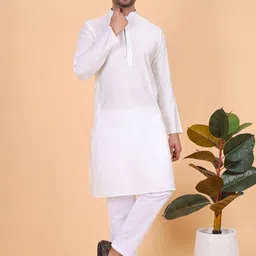 W & G Woven Design Mandarin Collar Thread Work Pure Silk Straight Kurta With Trousers-picture-19