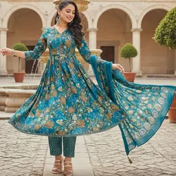 SZN Floral Printed V-Neck Panelled Kurta With Trouser & Dupatta image 5