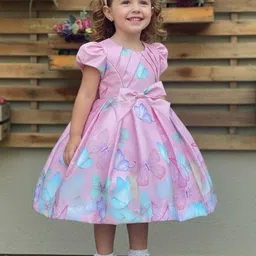 YK Girls Butterfly Printed Puff Sleeves Satin Fit & Flare Dress-picture-12
