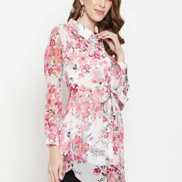 MJ LIFE STYLE Women Floral Print Regular Fit Band Collar Tie-Waist Tunic Top image 2