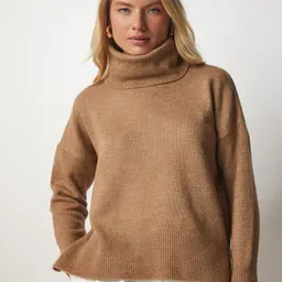 Happiness istanbul Women Camel Turtle Neck Long Sleeves Ribbed Pullover Sweaters-picture-17