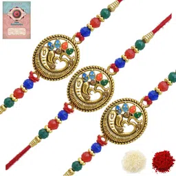 MEIRA JEWELLERY Set Of 3 Beaded OM Rakhi Comes with Roli Chawal & Greeting Card-picture-14