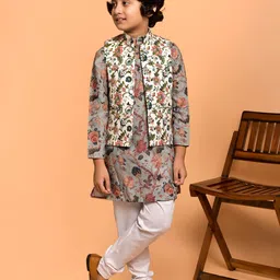 PRINTCULTR Boys Floral Printed Band Collar Neck Regular Kurta & Churidar & Nehru Jacket image 1