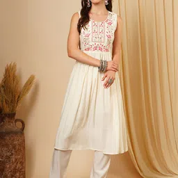Globus Floral Embroidered Pleated Thread Work A-Line Kurta With Trousers-image-97