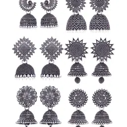 MEENAZ Set Of 6 Silver-Plated Oxidized Dome Shaped Jhumkas-image-94
