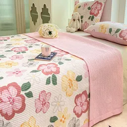 JC HOME Set Of 3 Pink & Green Floral Printed 162 TC Single Bed & Pillow Covers image 3