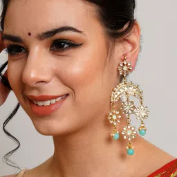 Sangria Gold-Plated Kundan Studded Dangler Drop Earrings image 4