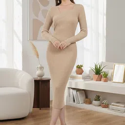 CLAFOUTIS Women Ribbed Full Sleeves Slits Bodycon Midi Dress-picture-16