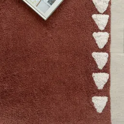 THEGASBH Maroon & White Geometric Cotton Shaggy Carpet image 2