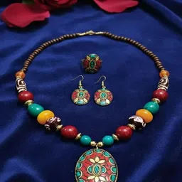PANASH Gold-Plated Artificial Stones Studded And Beaded Necklace With Earrings-picture-22