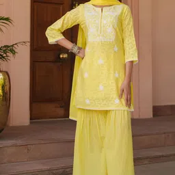 SCAKHI Women Floral Embroidered Cotton Kurti with Sharara & Dupatta-image-48