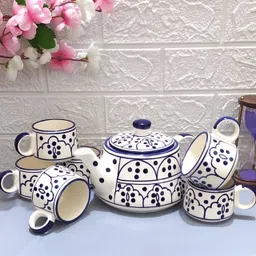 aav world Pack of 7 Ceramic blue dot kettle set with doted cup image 4