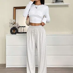 SZN Women Grey Melange Flared Cotton Parallel Trousers-picture-32