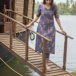 GoSriKi Floral Printed V-Neck Straight Kurta With Trousers image 2