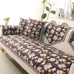 HOKIPO Brown & Cream-Coloured Floral Printed Velvet Sofa Cover Without Arms-picture-27