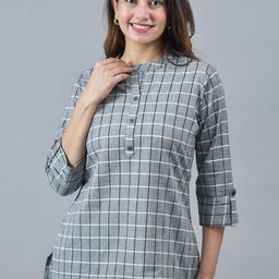 Anouk Rustic Checked Mandarin Collar Roll-Up Sleeves Cotton Top-picture-30