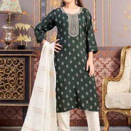 Muhuratam Girls Ethnic Wear Green Colour Foil Print Embroidery Silk Kurti-image-47