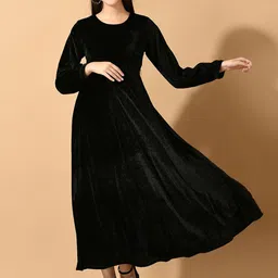 Myshka Puff Sleeve Velvet Fit & Flare Maxi Dress-picture-13